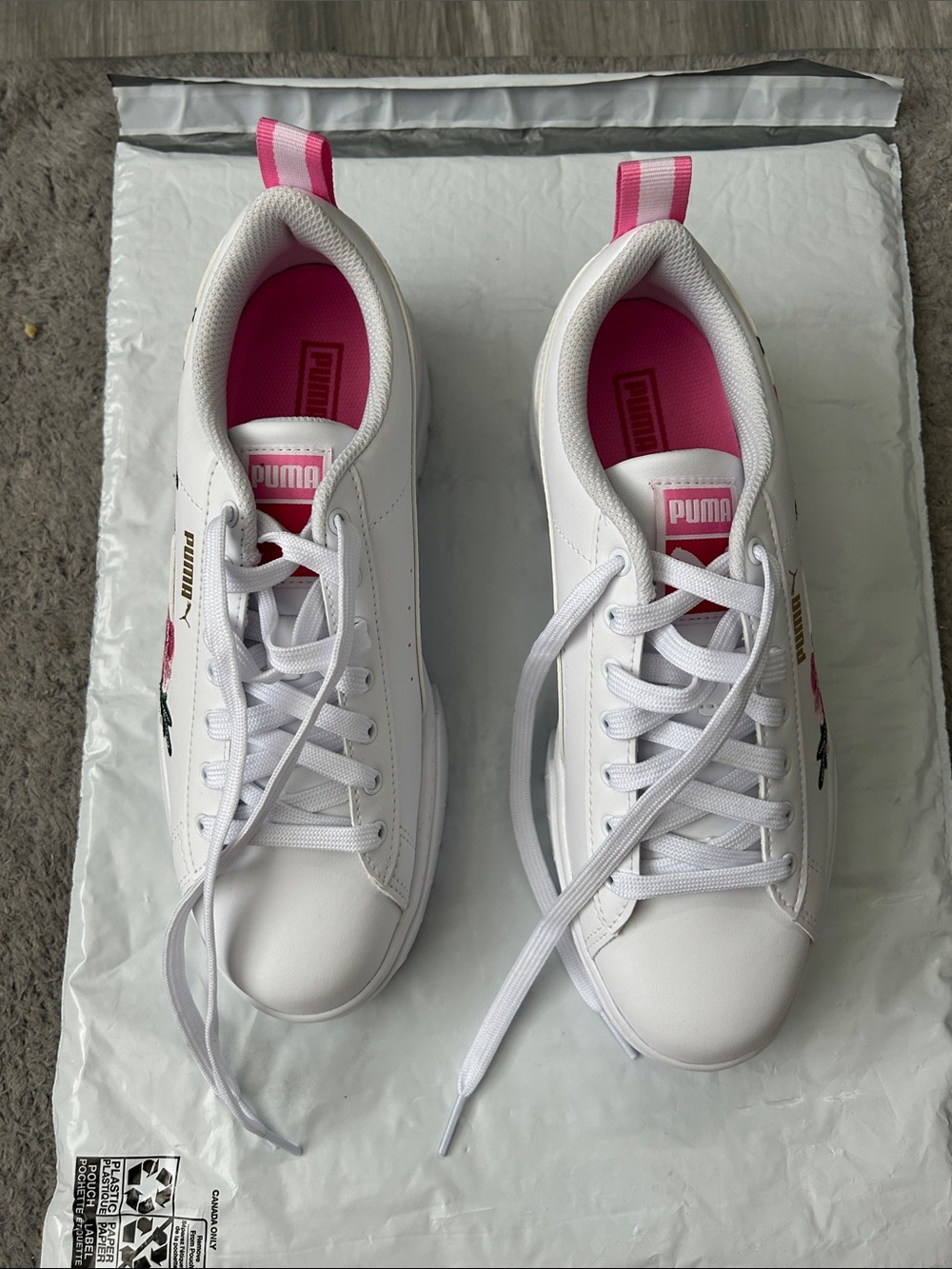 Puma White, Pink & Green Floral Shoes W/Pink Lining & 3 Separate Puma Insignias